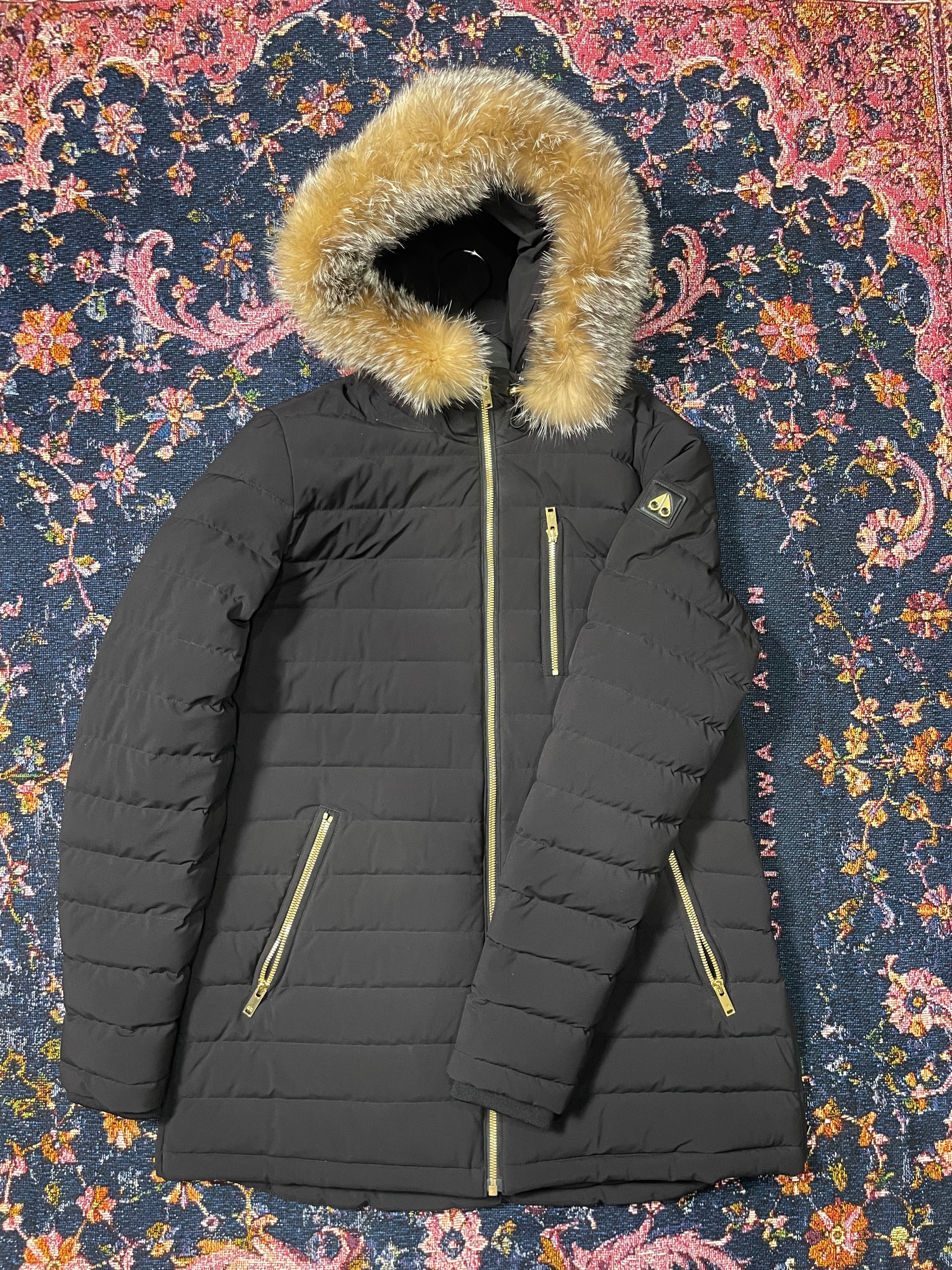 Moose Knuckles Black Puffer Parka Fur Trim Hood Gold Zippers Woman's ( USED )