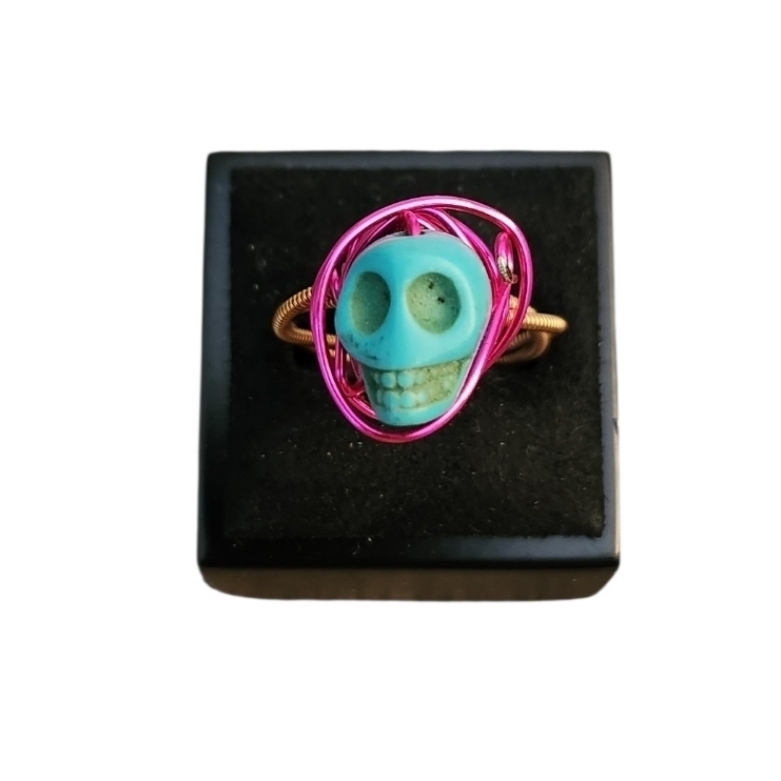 Size 4.5 Twisted Coil Copper Pink Teal Skeleton Accent Ring 