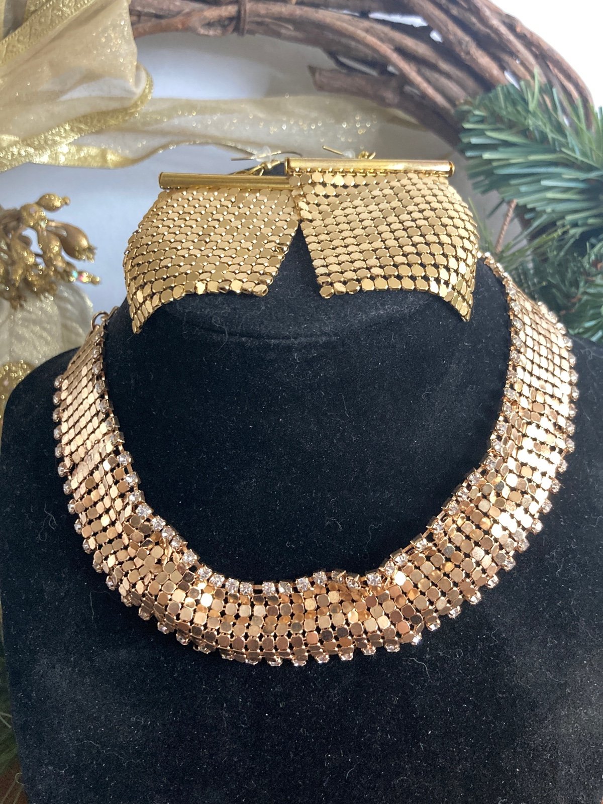 Gold tone Rhinestone MESH Choker w/MESH Earrings