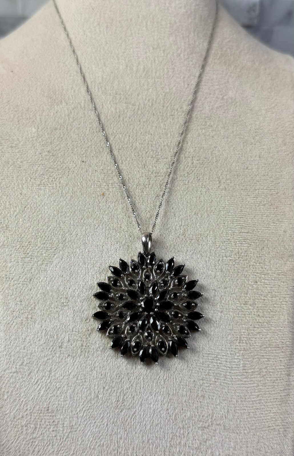 LARGE Black CZ Gemstone Flower Pendant Necklace Silver Chain stamped 925 18”