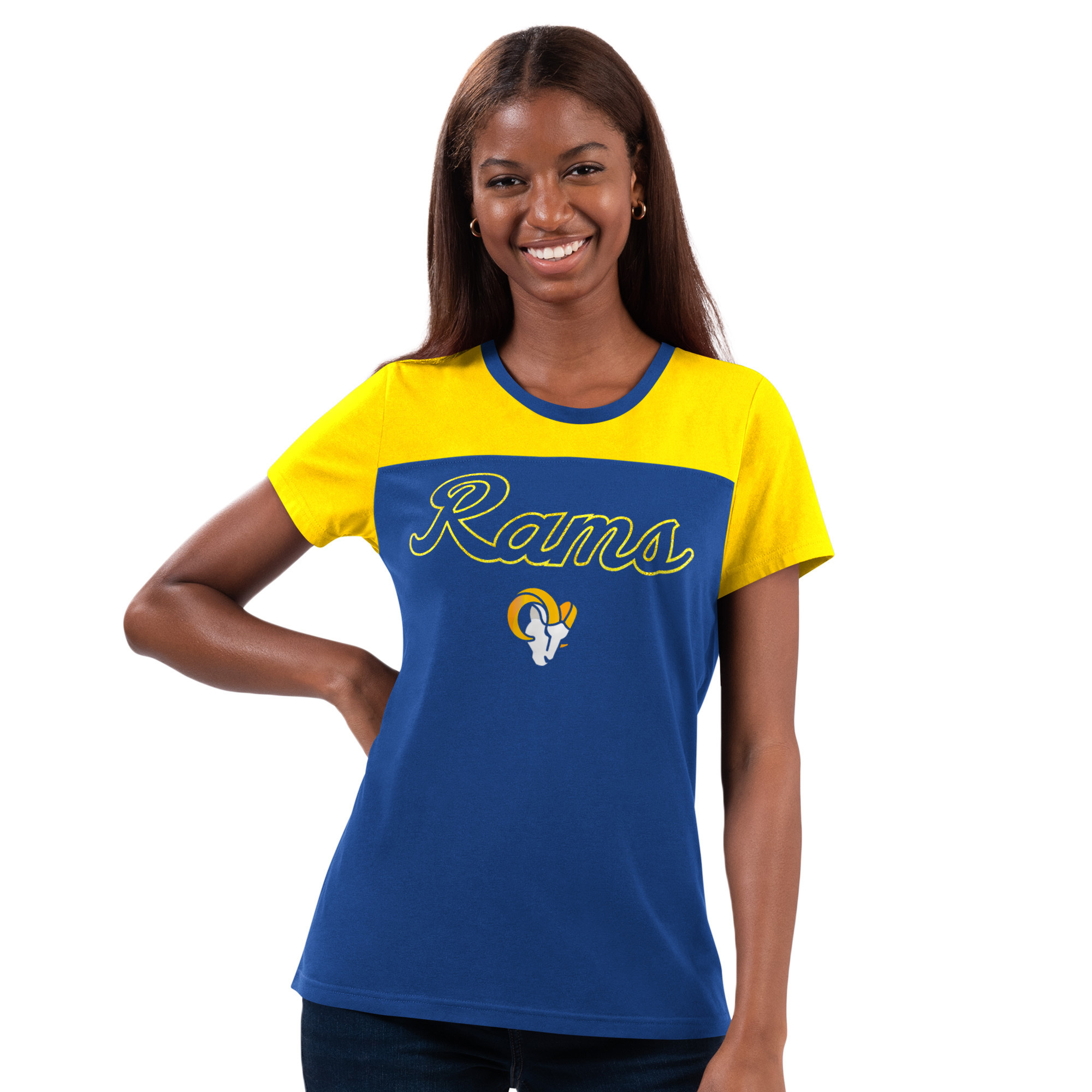 Los Angeles Rams Ladies Blue/Yellow Glitter g-III Shirt