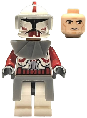 sw0202a Clone Trooper Commander Fox, Coruscant Guard (Phase 1) - Dark Bluish Gray Visor, Pauldron, and Kama, Large Eyes, with Solid Light Bluish Gray Semicircle above Belt