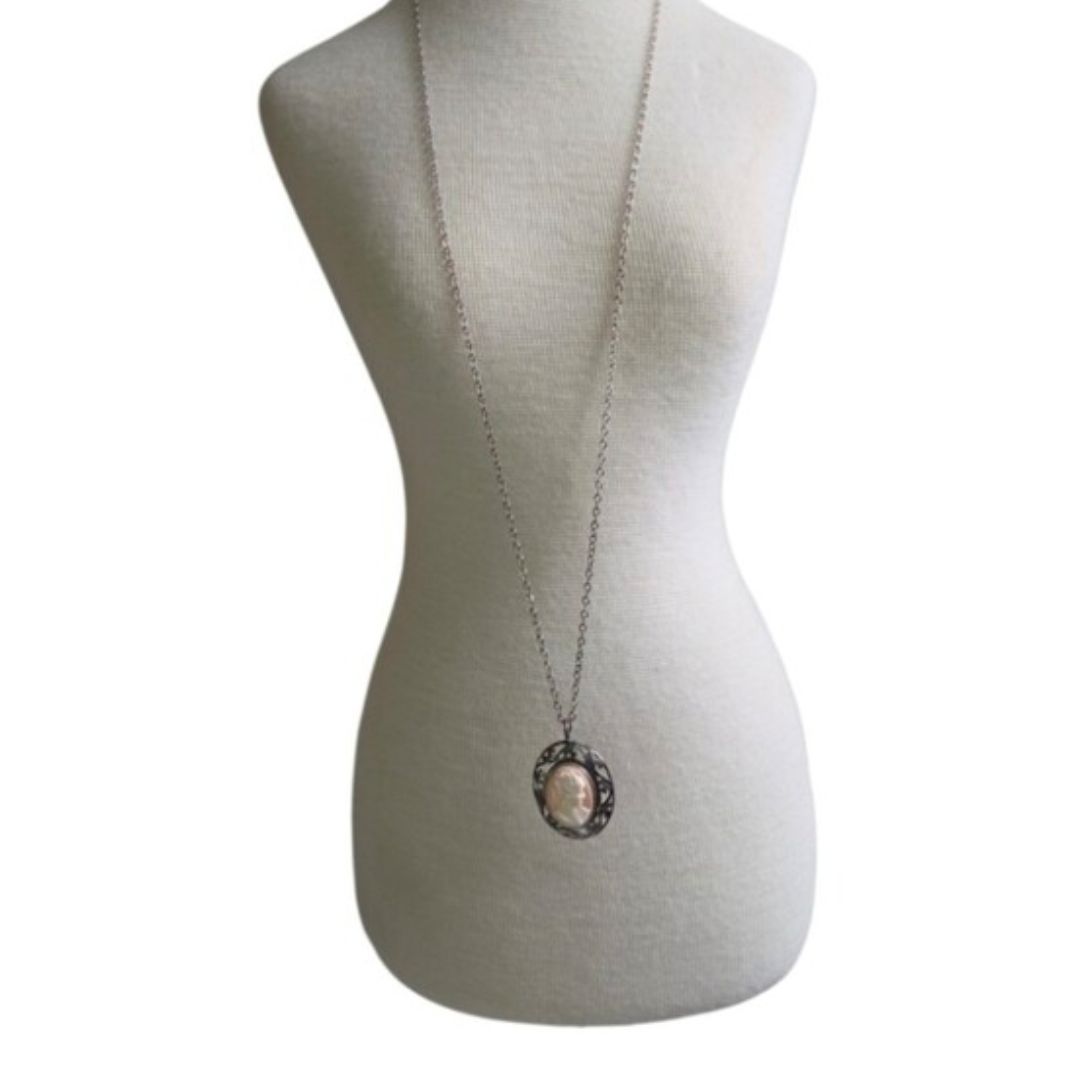 Vintage Long Silver Pendant Necklace with Pink Cameo 26"
