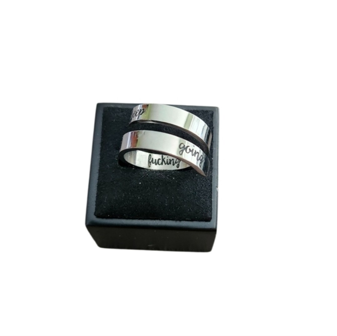 Size 7.5 Inspirational Silver Toned Wrap Ring with Engraved Message Keep F Going