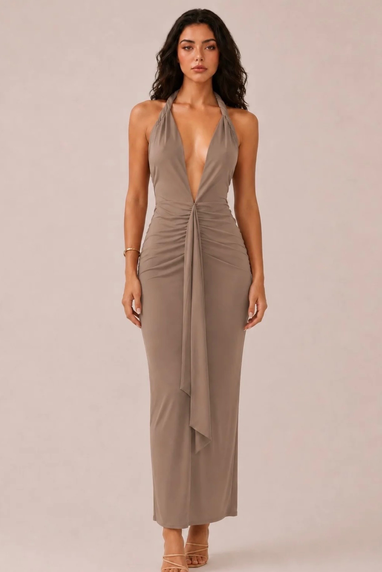Front Bow Tie Mocha Dress