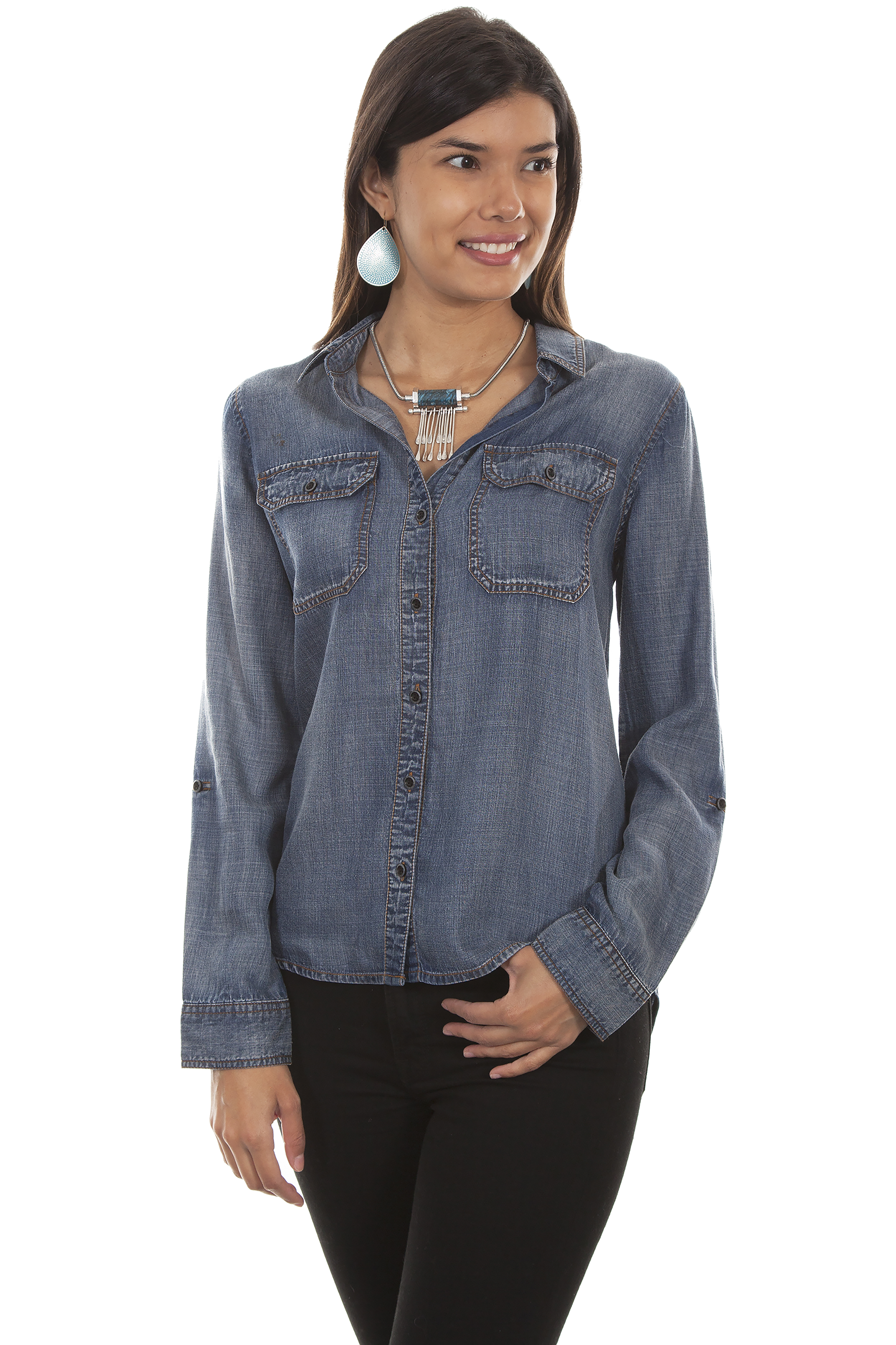 Hi/Lo Button Front Lace Up Back Blou