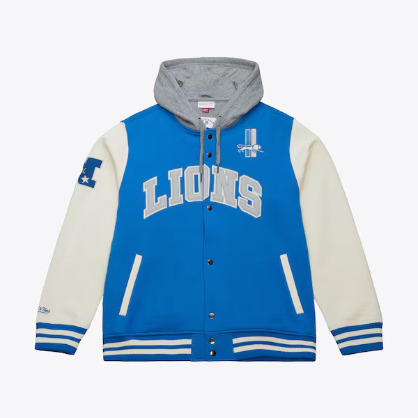 Detroit Lions Courtside Button Down Mitchell and Ness Hooded Fleece Jacket