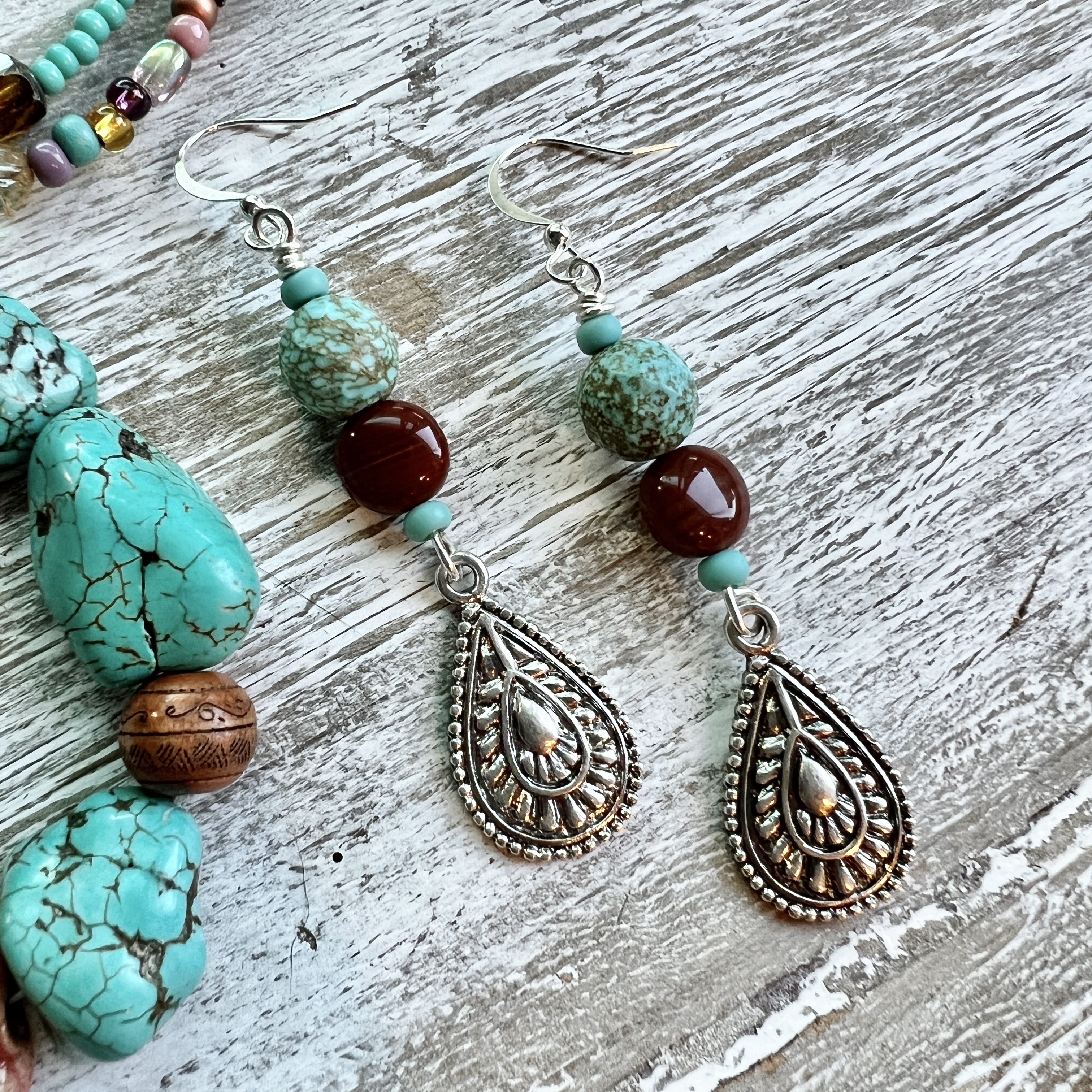 Faceted Turquoise Magnesite & Czech Glass Earrings with Western Style Metal Teardrops