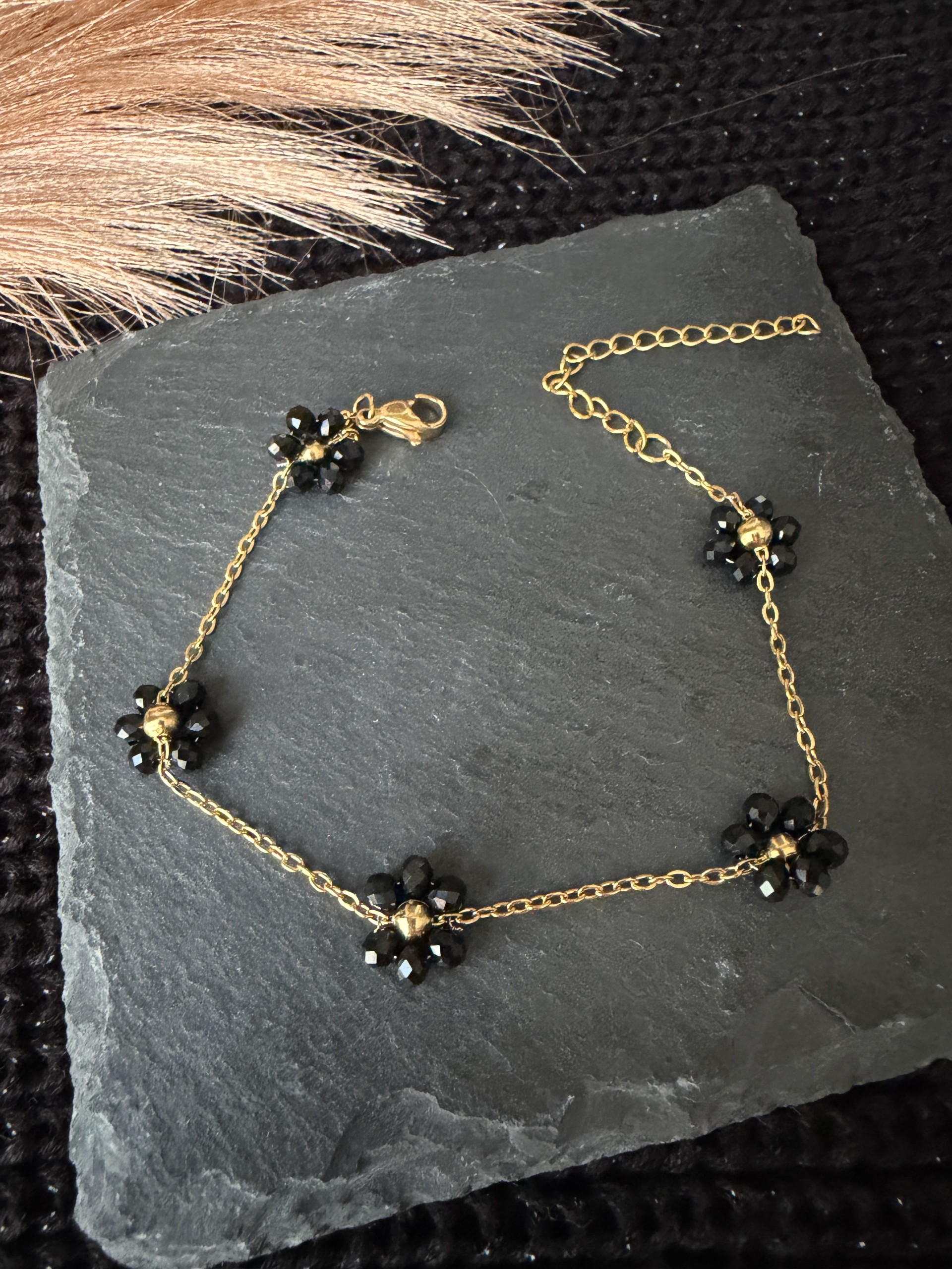 18K Gold Plated 304 Stainless Steel Black Flower Beaded Chain Bracelet