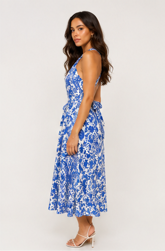 Blue Floral Halter Neck Maxi Dress Boho Vacation Style