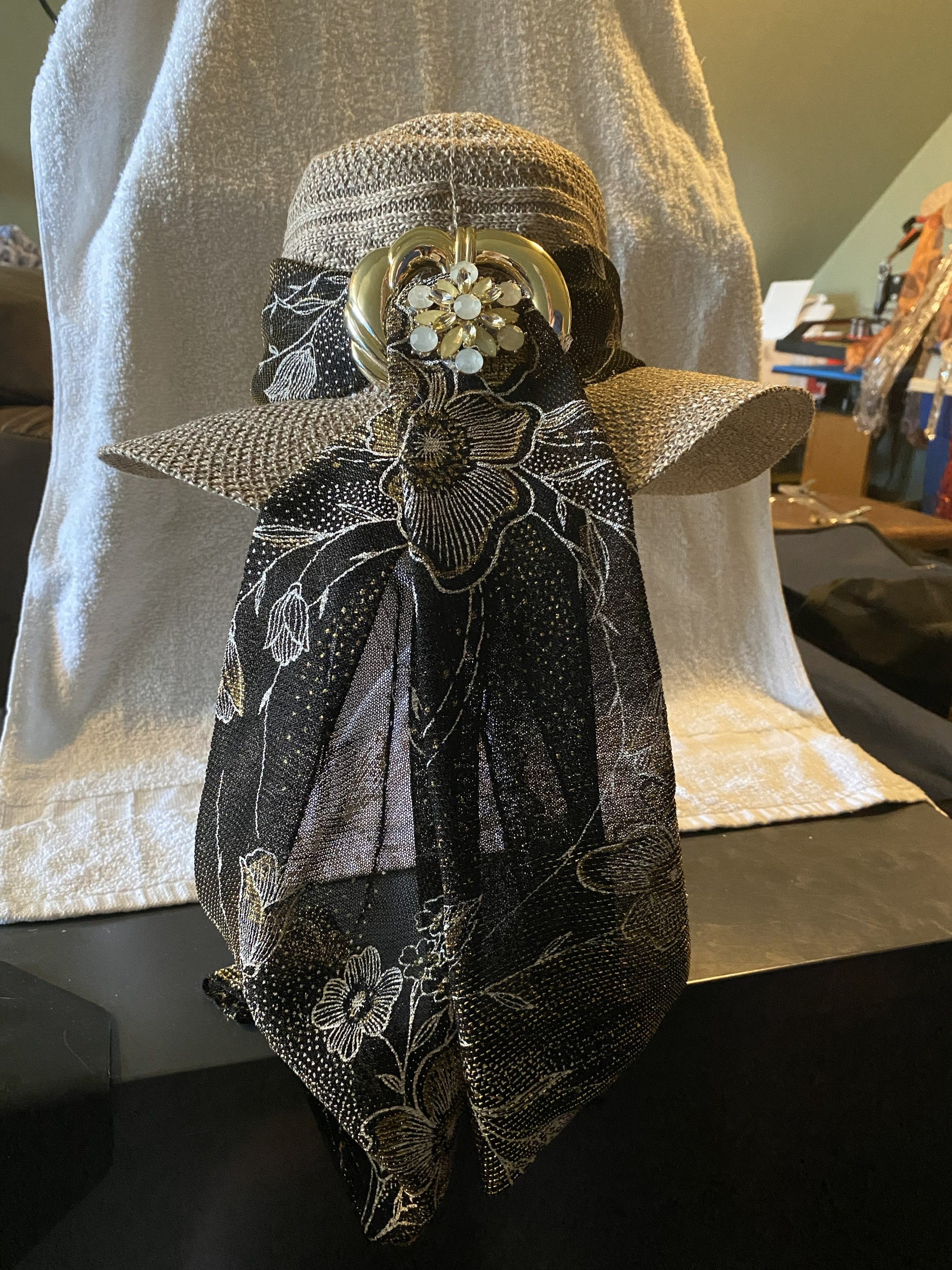 Gold Broached Straw Tan Straw Bonnet with Black Scarf