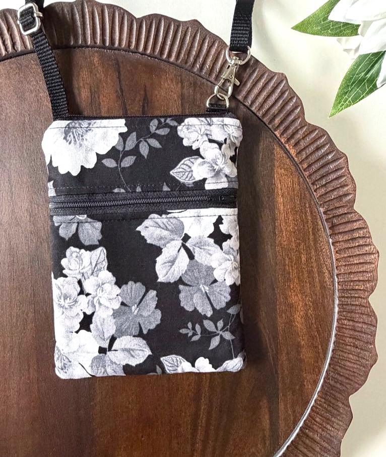 Small Crossbody Bag – Black & White Blooms – handmade crossbody bag
