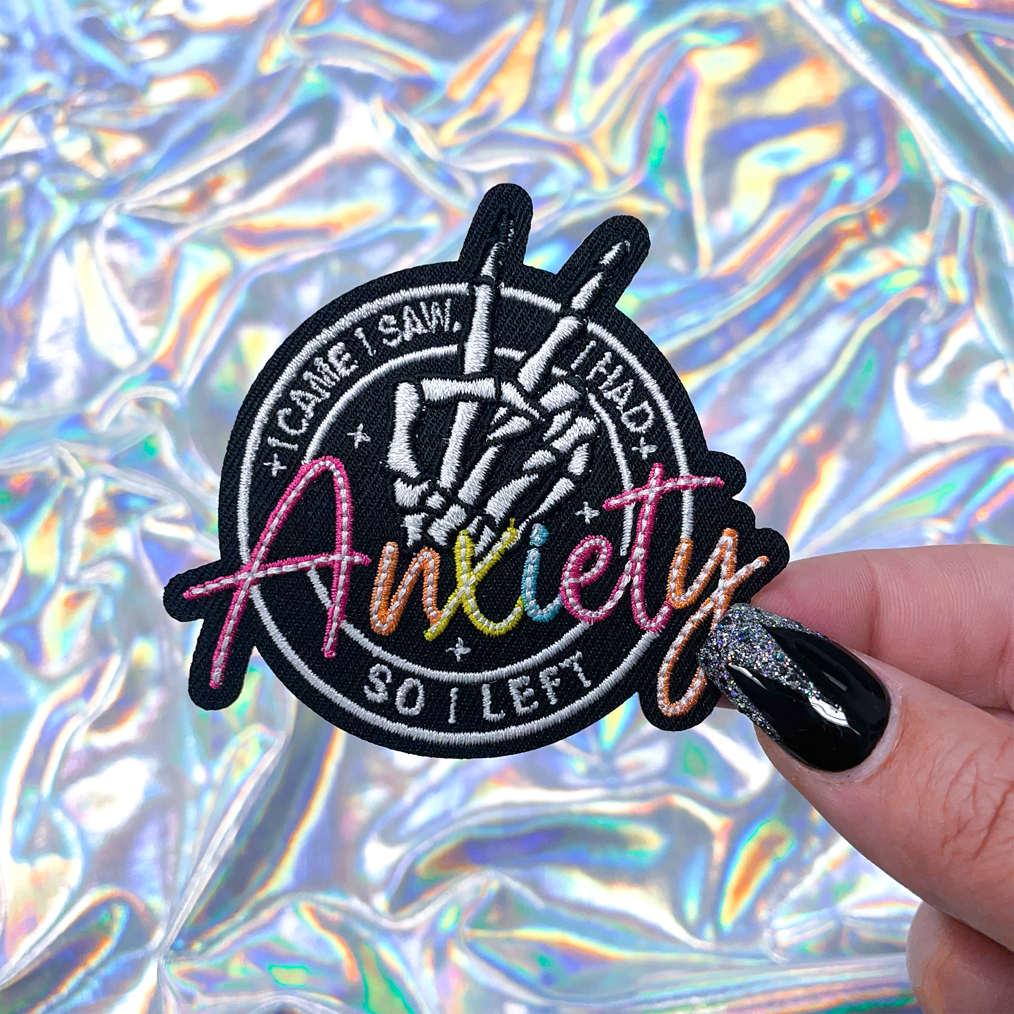 I Came, I Saw, I had Anxiety Skeleton Hand Patch Iron-On for Hats