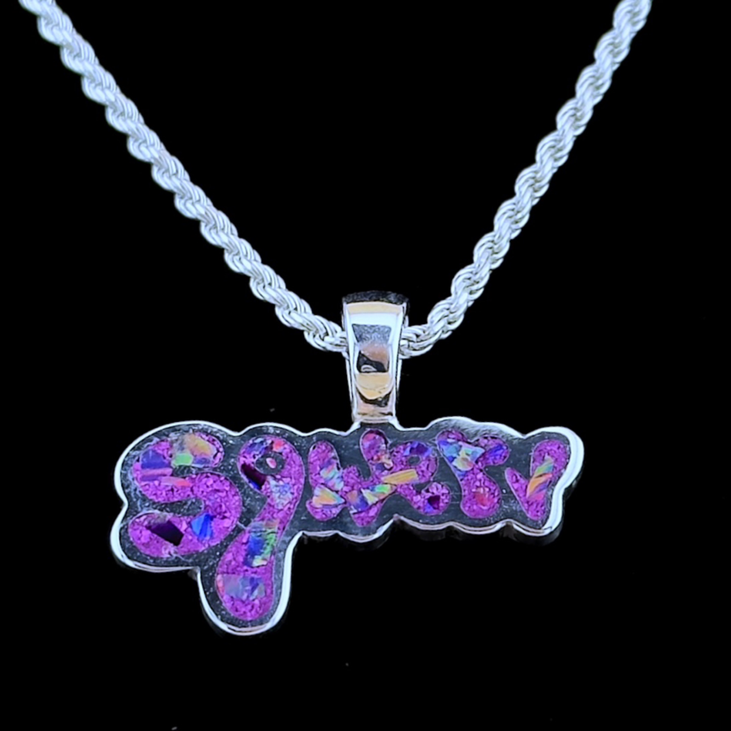 Sqwerv Logo Pendant – Pink Howlite & Crushed Opal Inlay (UV Reactive), 925 Sterling Silver