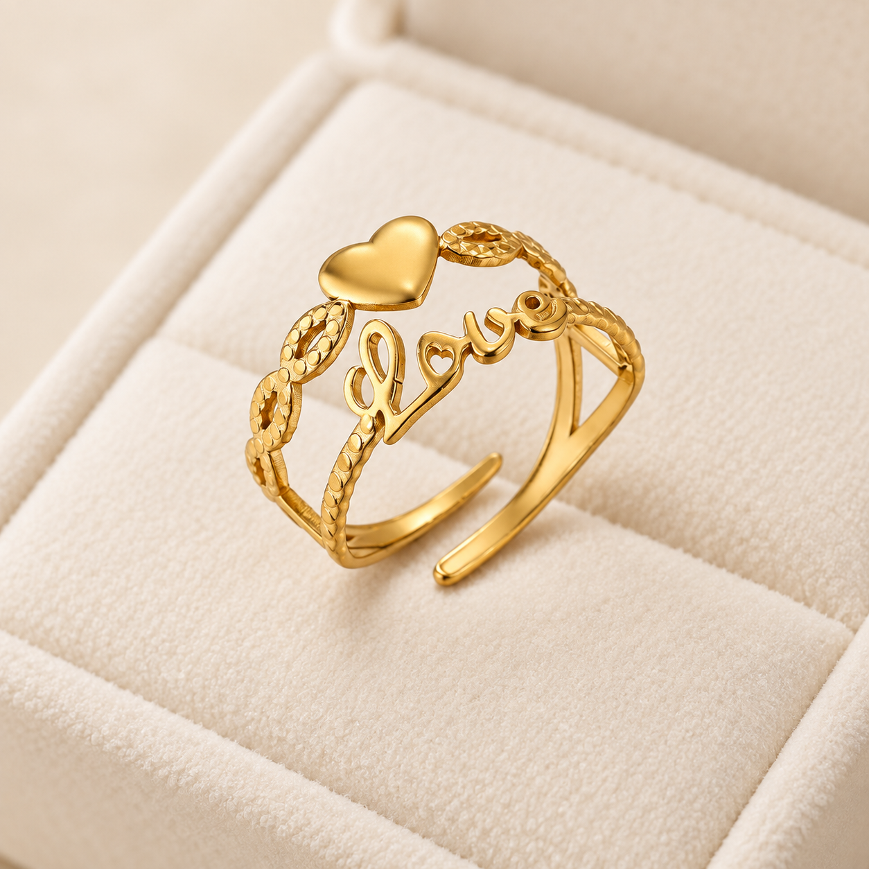 18K Gold Plated 304 Stainless Steel Love Heart Adjustable Ring