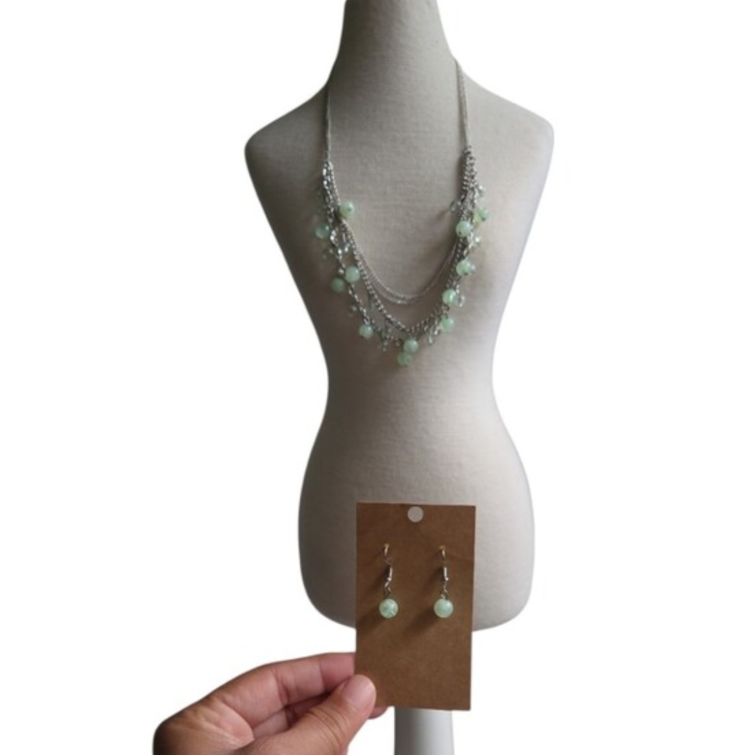 Silver Toned Multi-Strand Necklace and Earrings Set in Mint Green