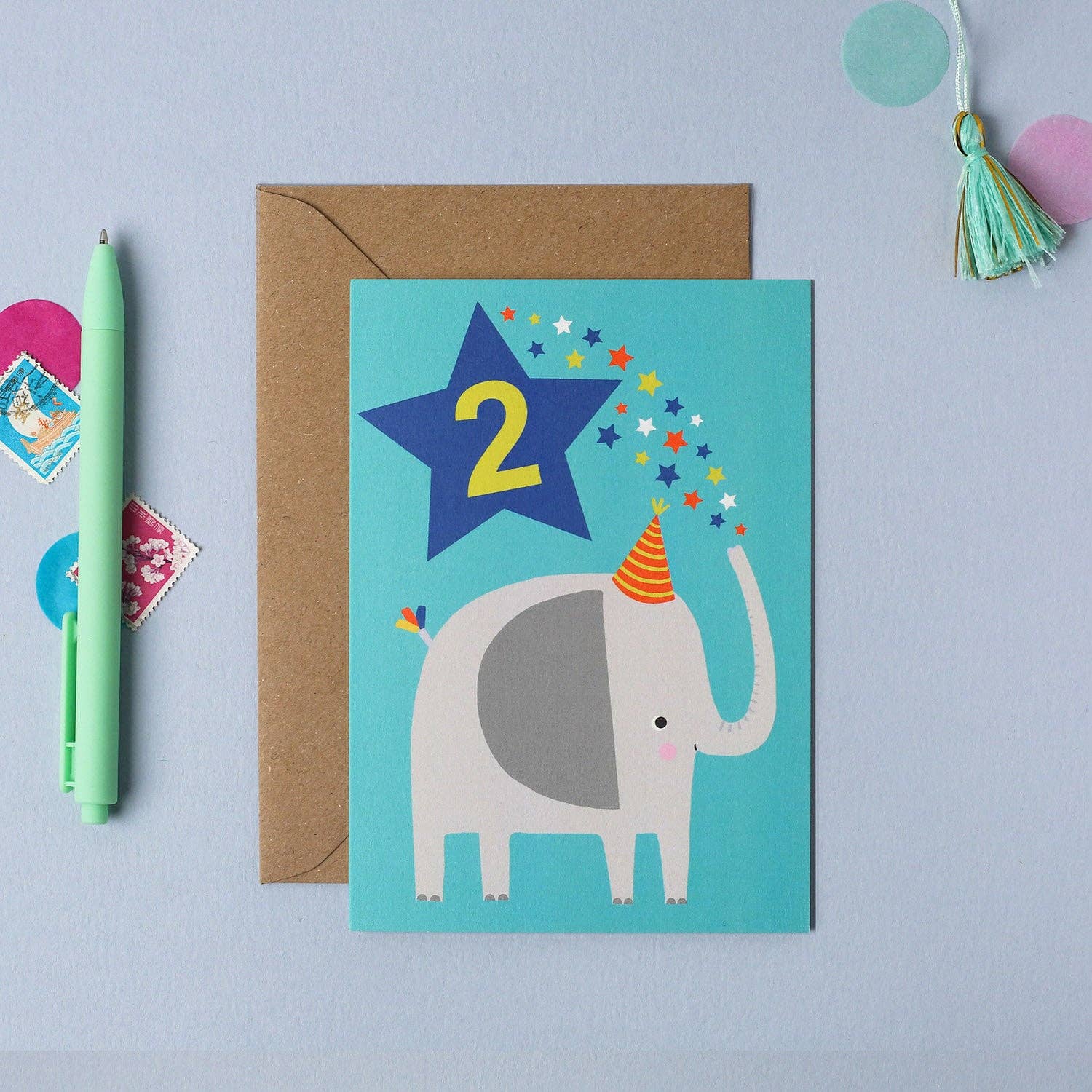 Bright Blue Elephant Toddler 2nd Birthday Card – UK Made