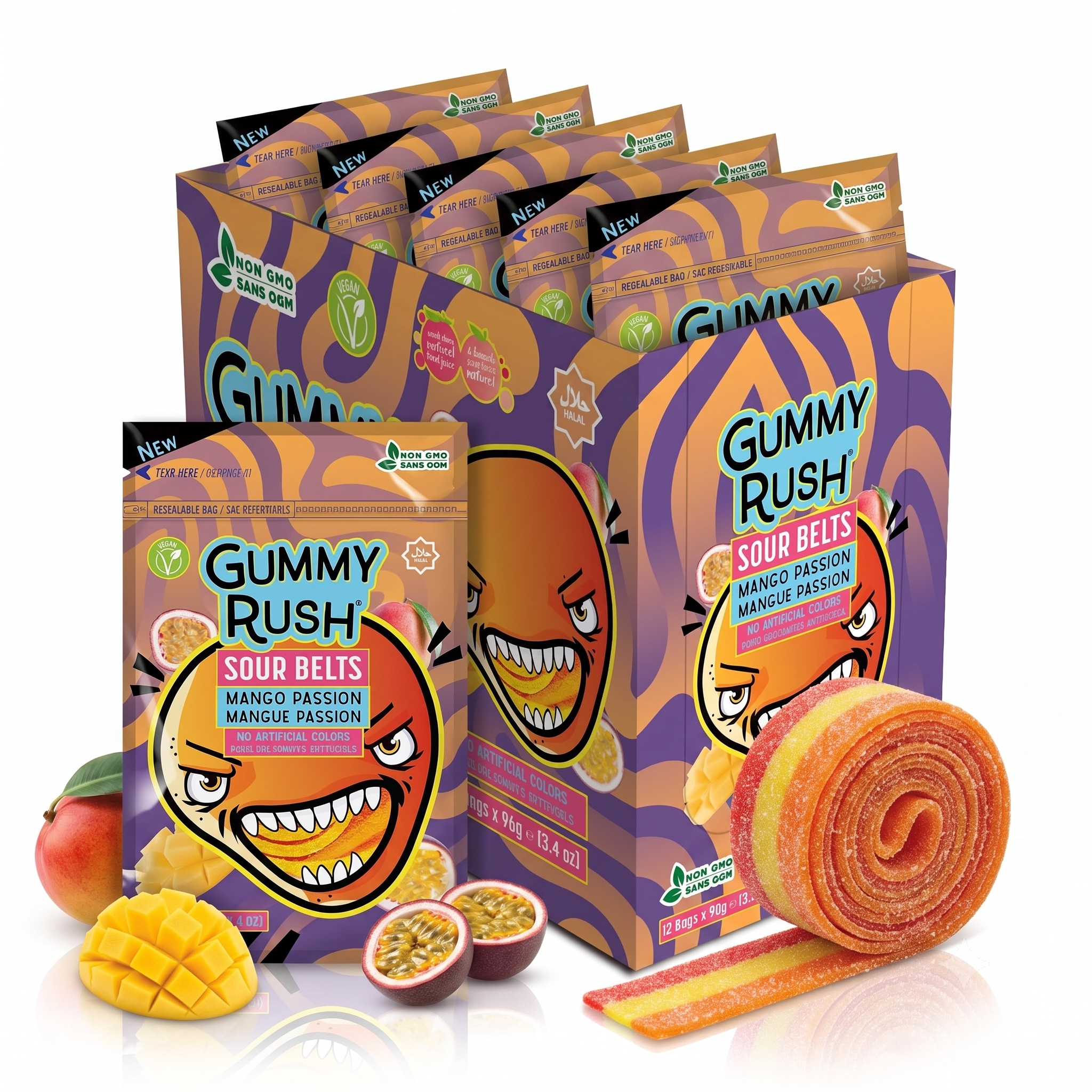 Gummy Rush Sour Belts Mango Passion 3.4oz Peg Bag 12ct