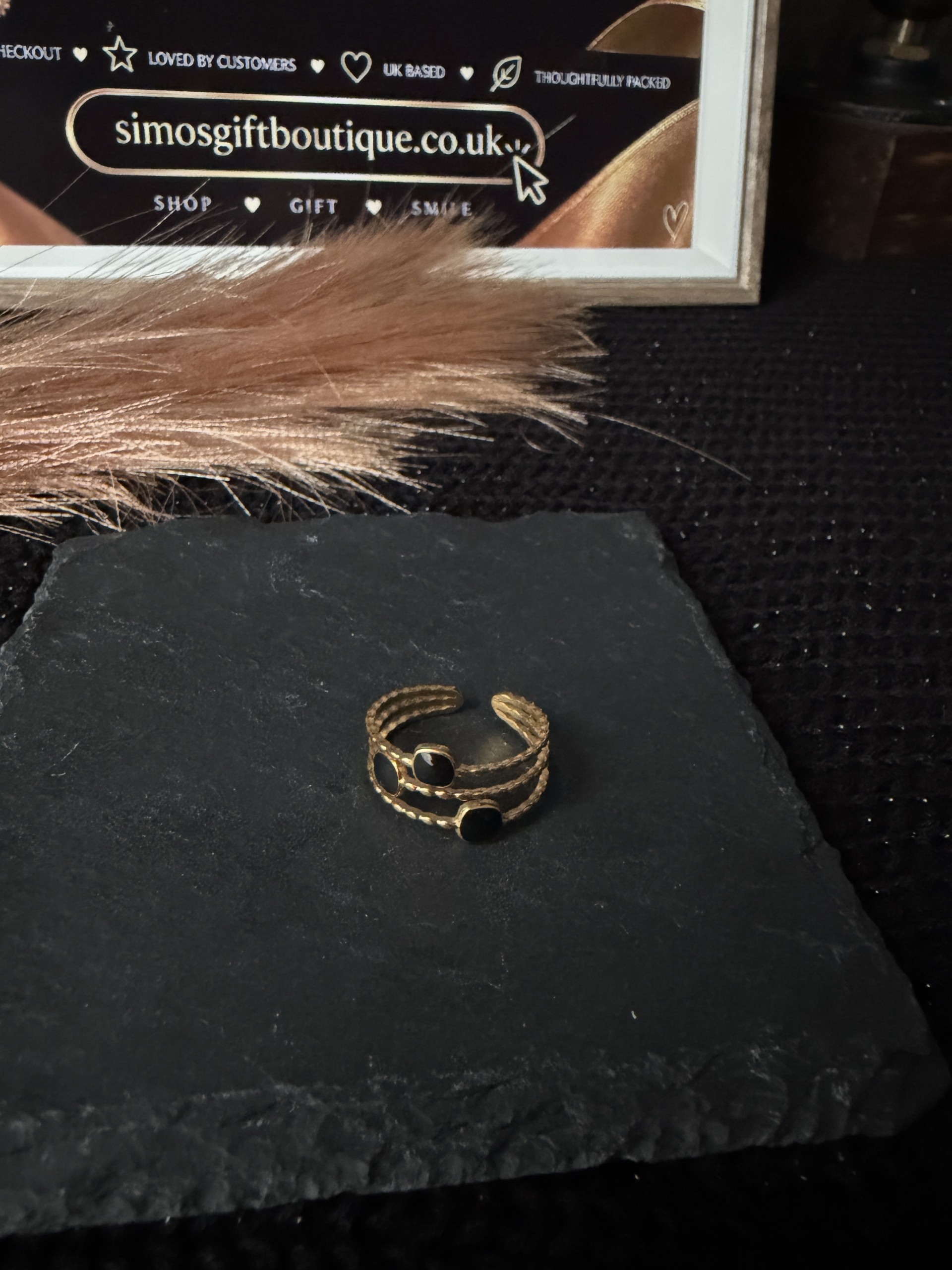 Gold Black Stone Double Band Adjustable Ring – 18K Gold Plated 304 Stainless Steel