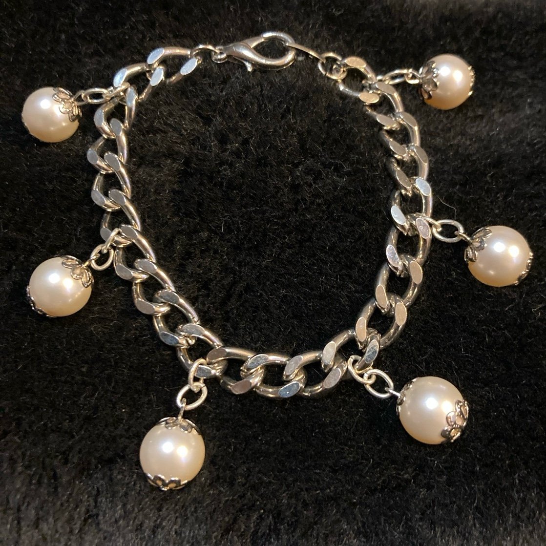 Vintage Pearl Charm Silver tone chain Bracelet Marked Korea