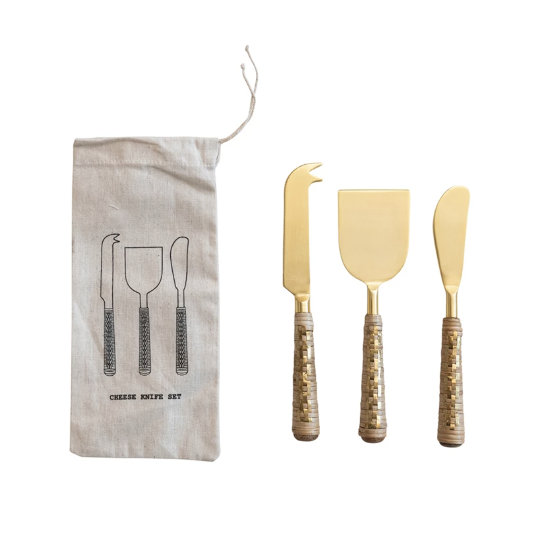 Stainless Steel Cheese Knives w/ Rattan Wrapped Handles, Set of 3 in Drawstring Bag