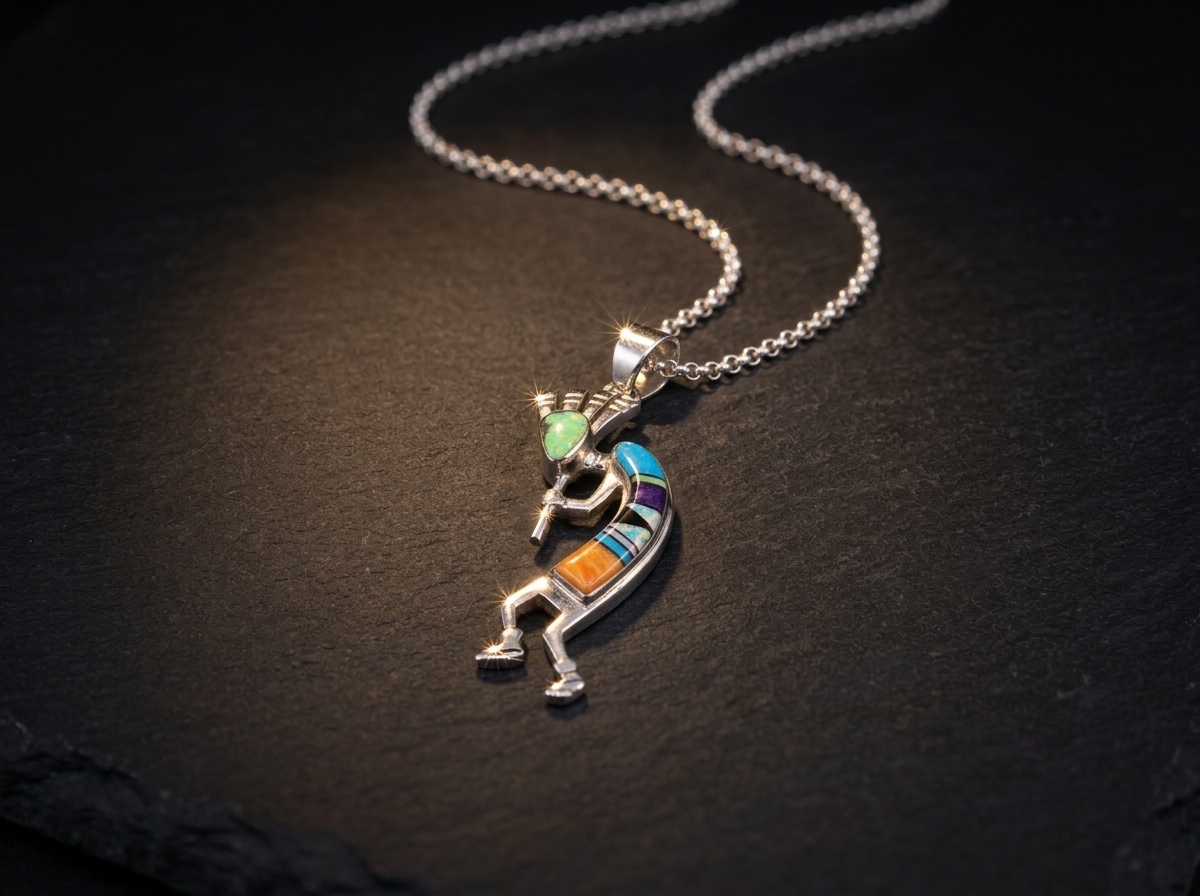 Kokopelli - Sterling Silver Kingman Turquoise, Gaspeite & Spiny Oyster Pendant - 0.5x2.25 in. #103