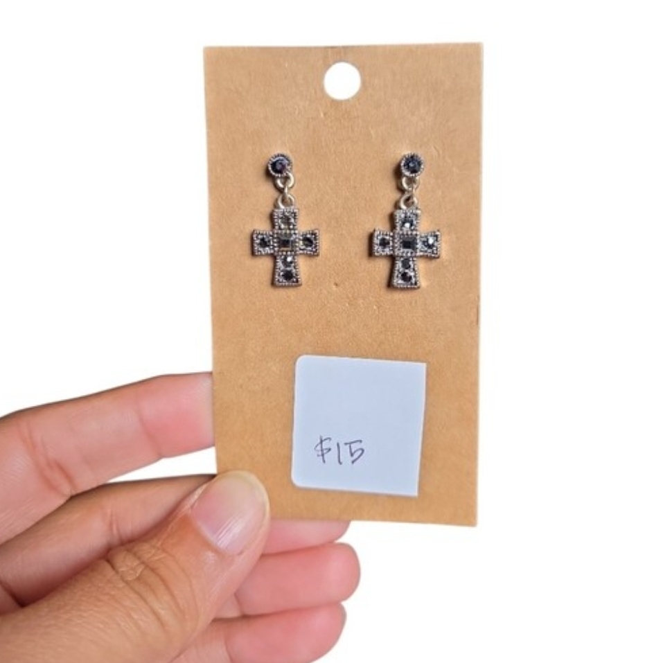 Silver Toned Gray Cross Dangle Earrings 1"