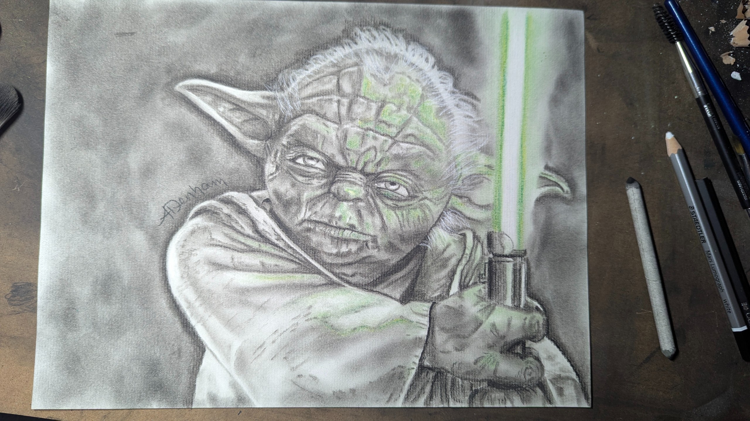 Charcoal and Chalk Pastel Yoda Drawing (Unframed)