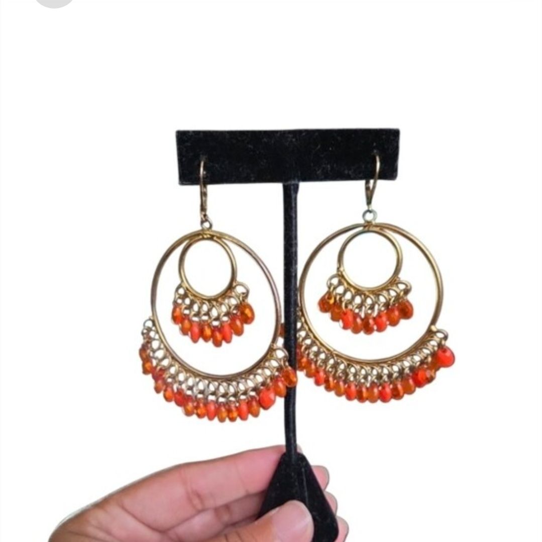 Vintage Gold-Tone Orange Beaded Double Hoop Earrings 3"