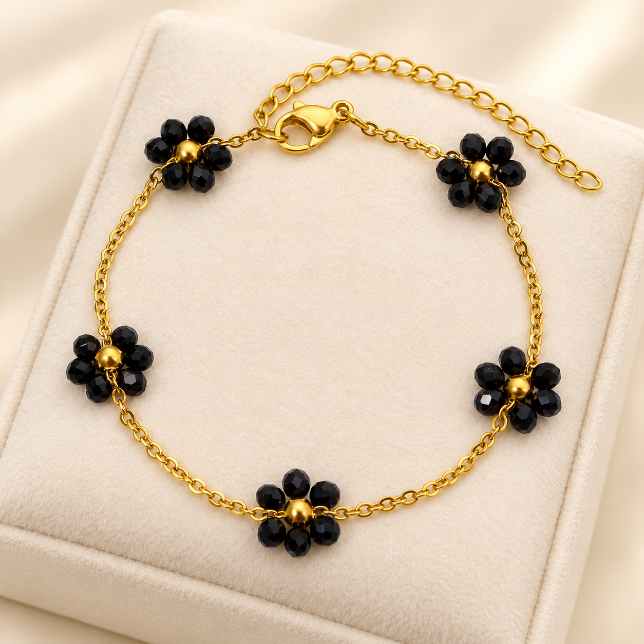 18K Gold Plated 304 Stainless Steel Black Flower Beaded Chain Bracelet