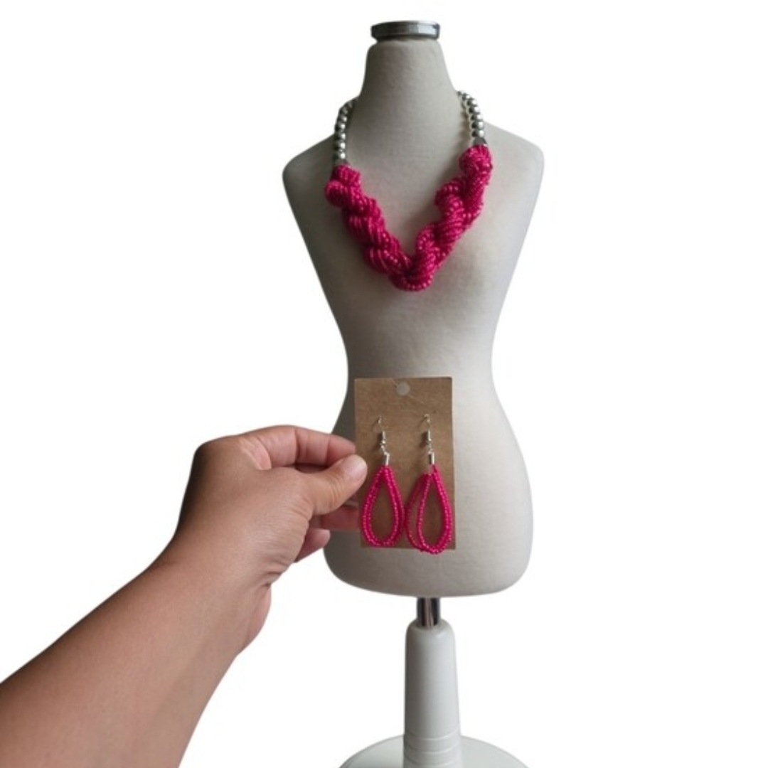 Silver Toned Vibrant Pink Braided Bead Necklace & Earrings Set