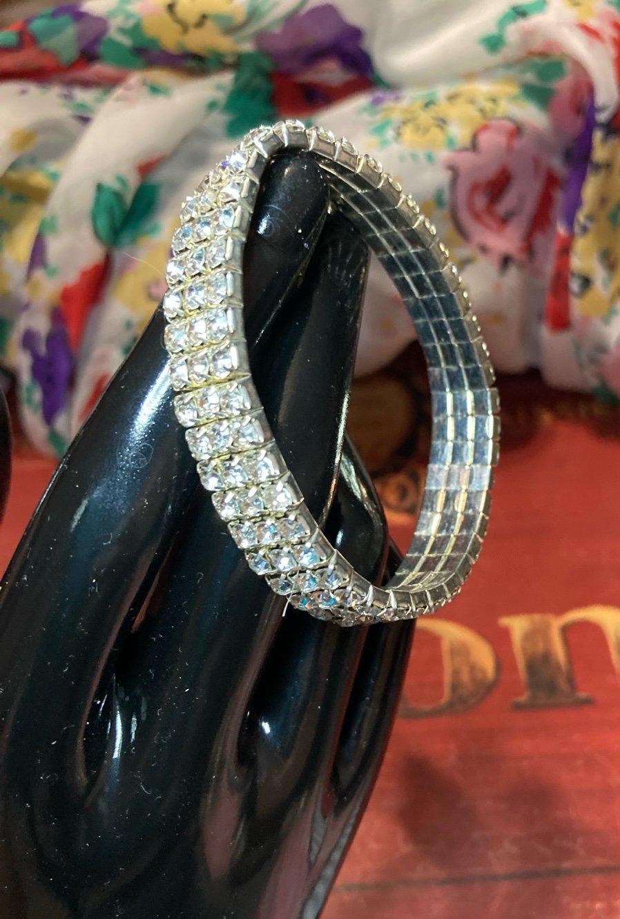 Vintage Rhinestone Silver Metal Stretch Tennis Bracelet