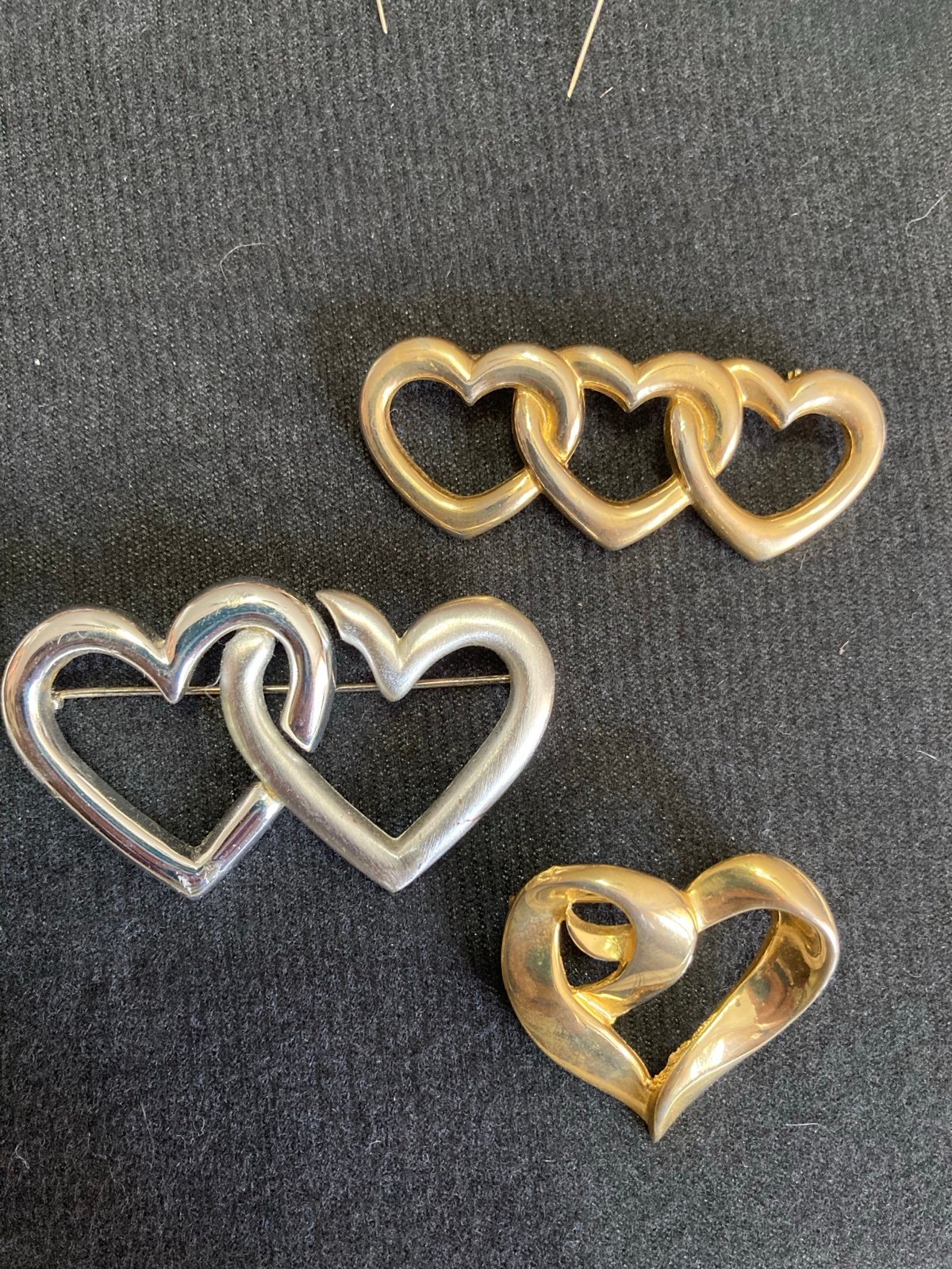 Lot of 3 Heart Pins Silvertone and Gold tone