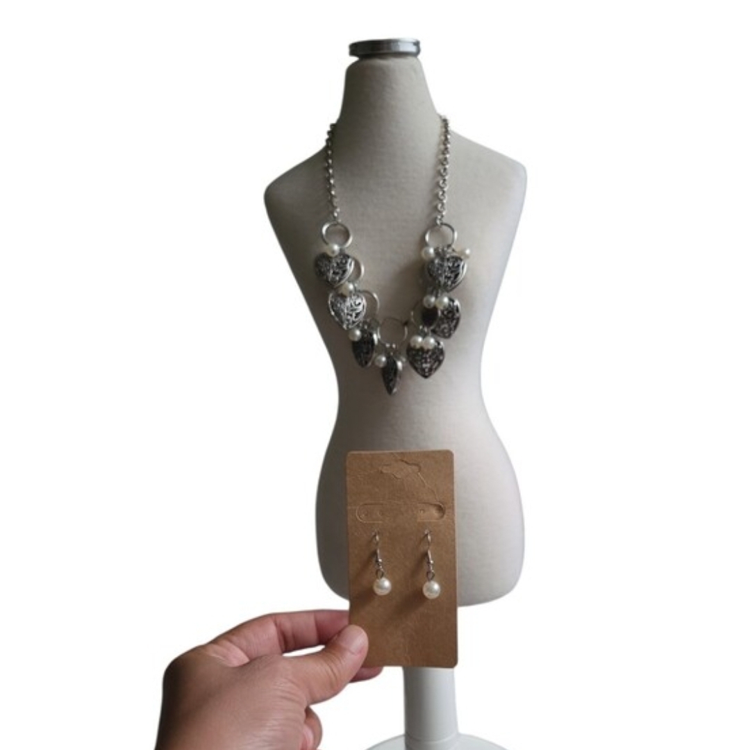 Silver Toned Heart Pendant Pearl Statement Necklace with Pearl Drop Earrings