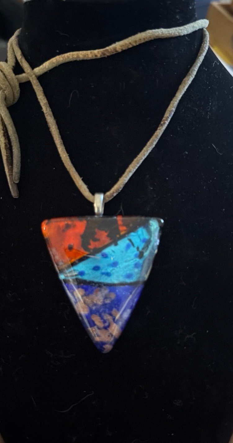 Abstract Fused Glass Triangle Red,Blue Pendant
Necklace 24”