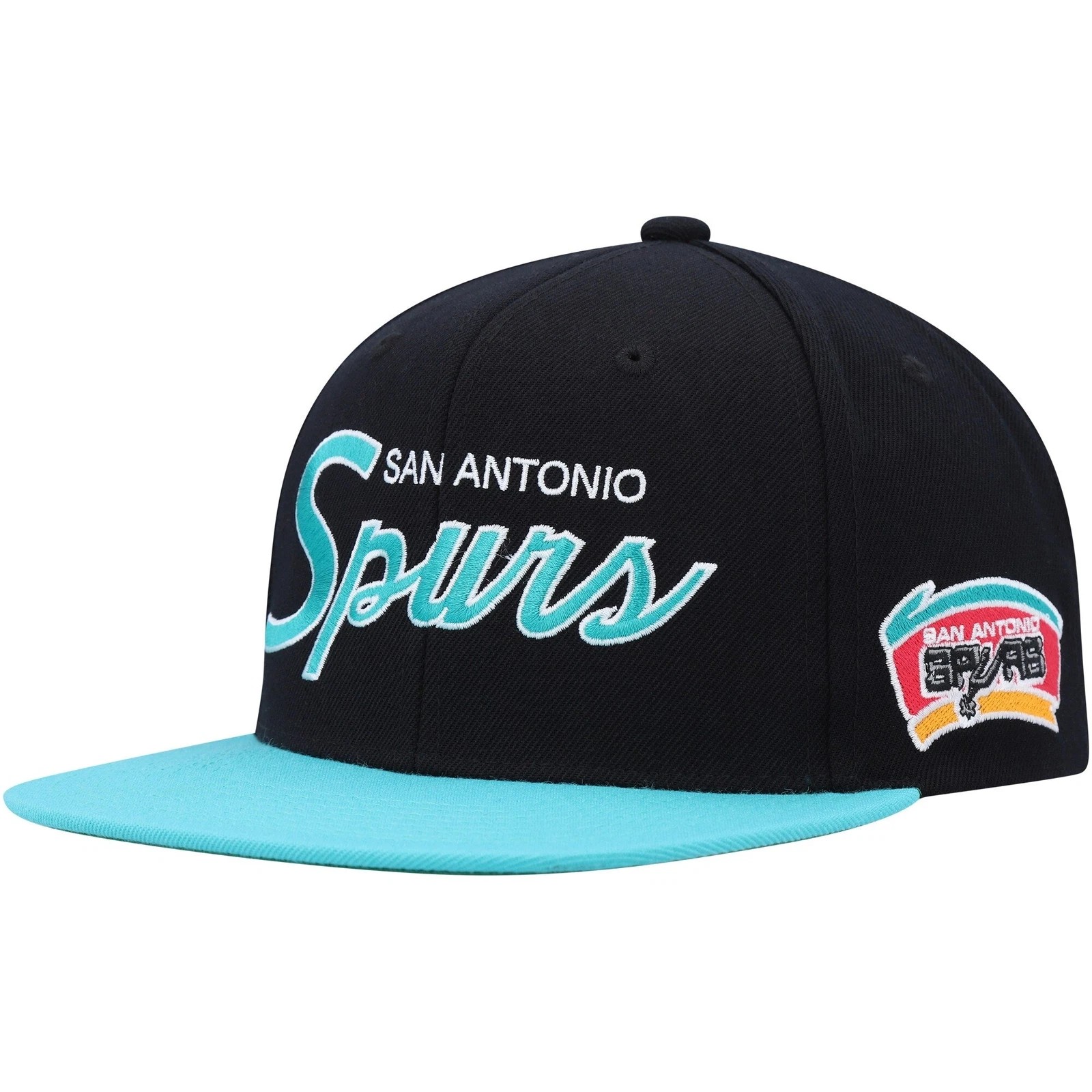 San Antonio Spurs Black/Teal Script Mitchell and Ness Snapback Hat