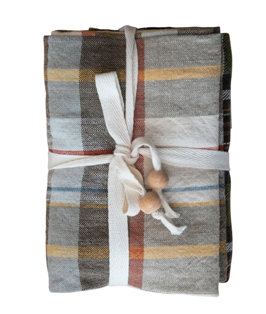 Cotton Printed Tea Towels, Multi Color Plaid, Set of 3