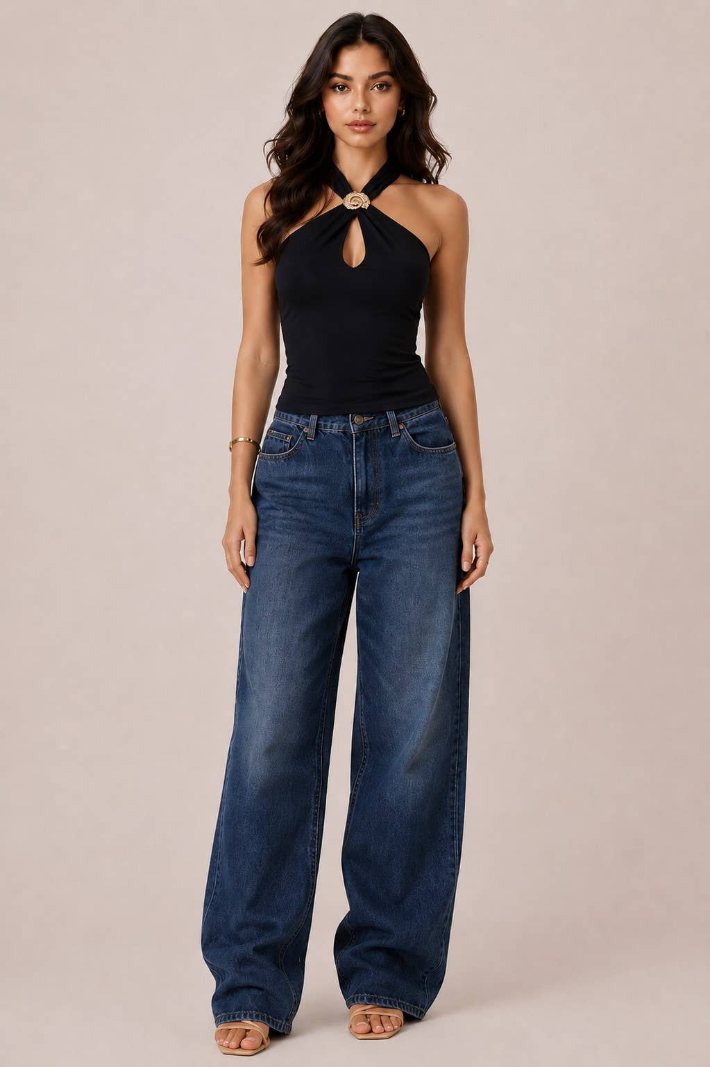 Front Metal Shell Trim Cut Out Halter Tank Top