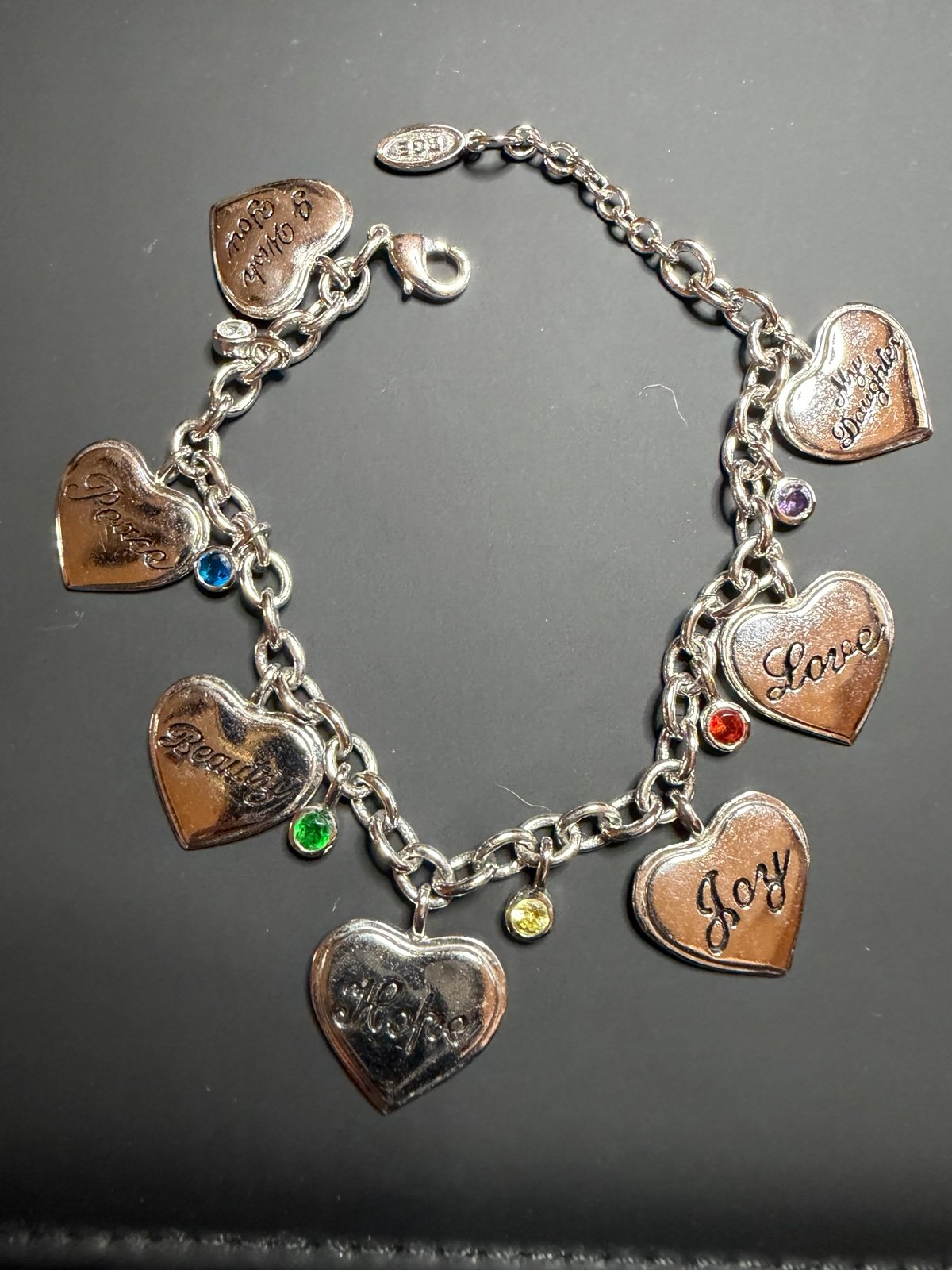 Heart Charm Bracelet with Inspirational Words and Gemstones Silver tone