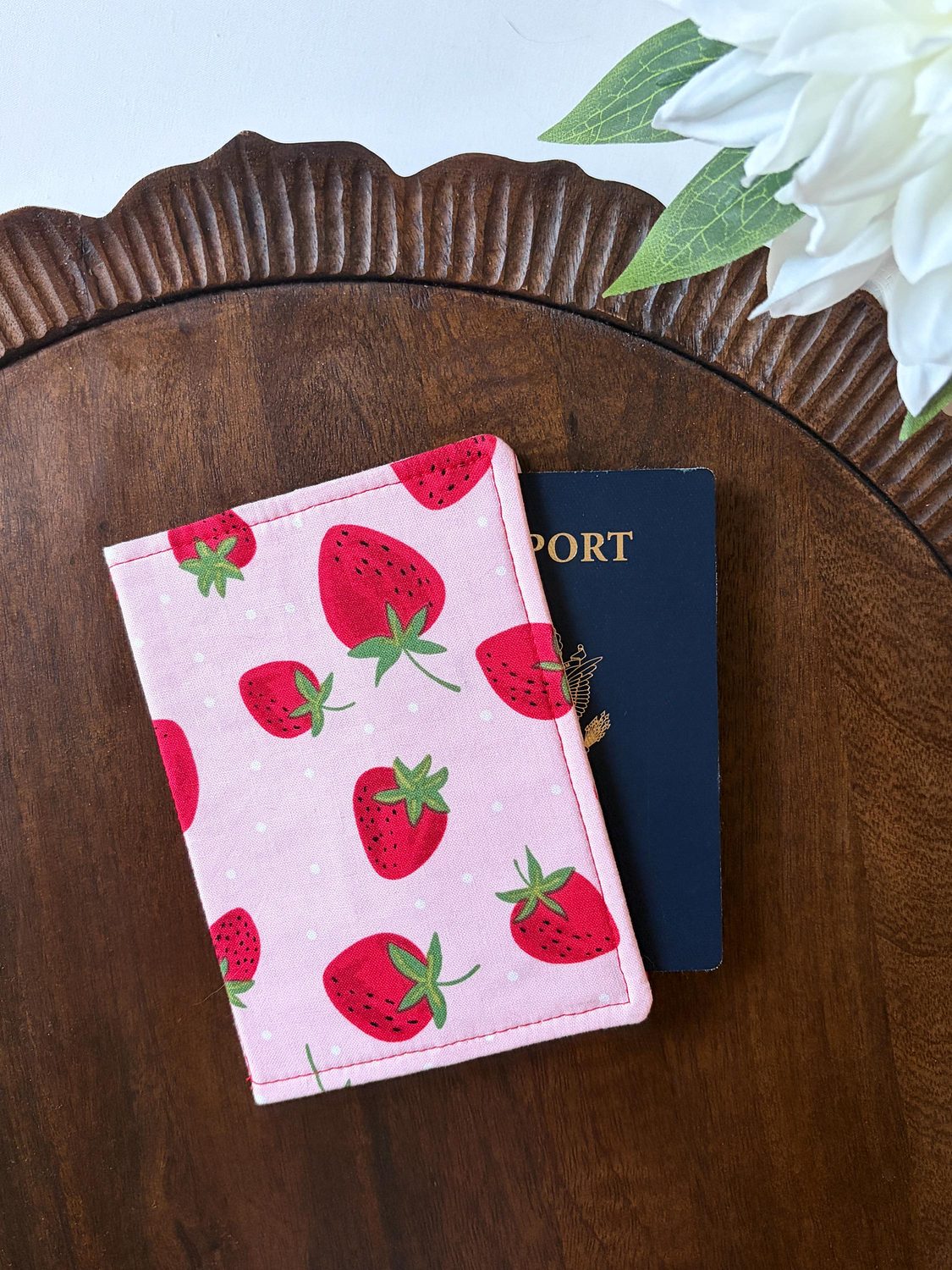 Passport Cover – Strawberries & Dots – handmade passport cover