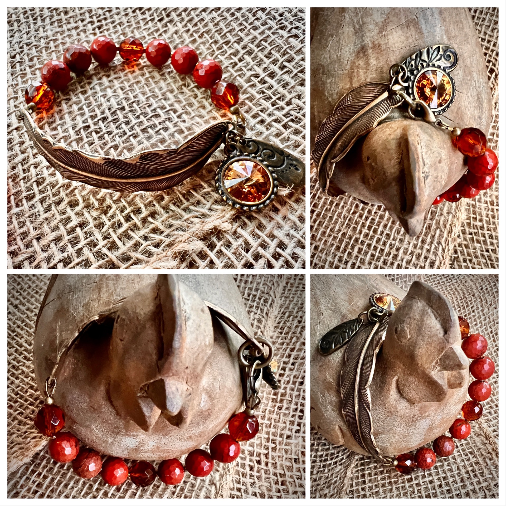 Natural Brass Vintaj Feather, Faceted Apple Jasper, Czech Glass & Swarovski Bracelet