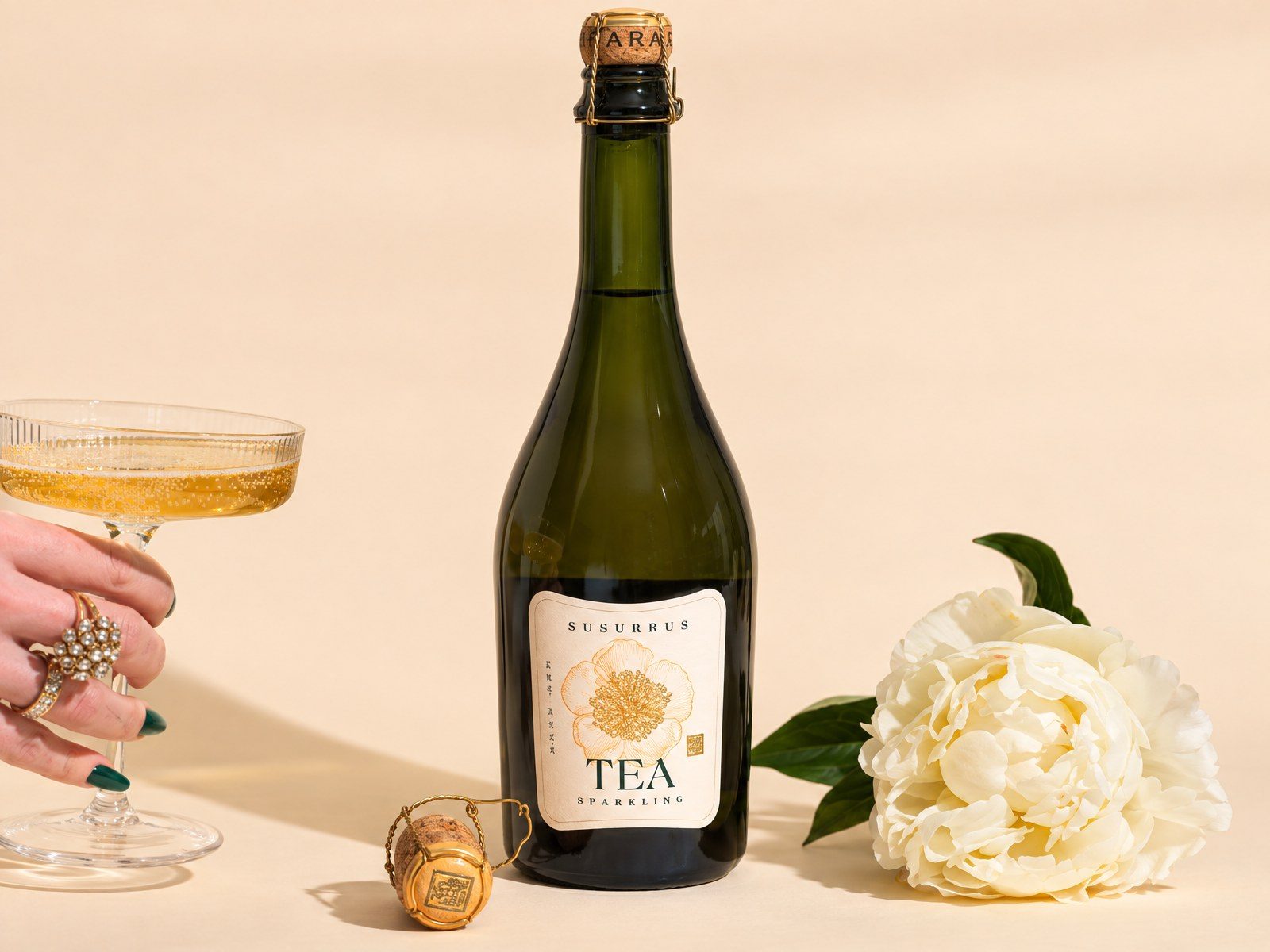Susurrus sparkling tea bottle beside a coupe glass and a white peony
