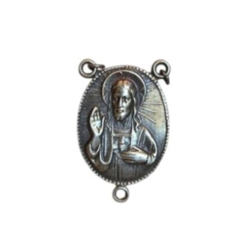 Silver-toned Sacred Heart of Jesus Our Lady of Mount Carmel Rosary Centerpiece