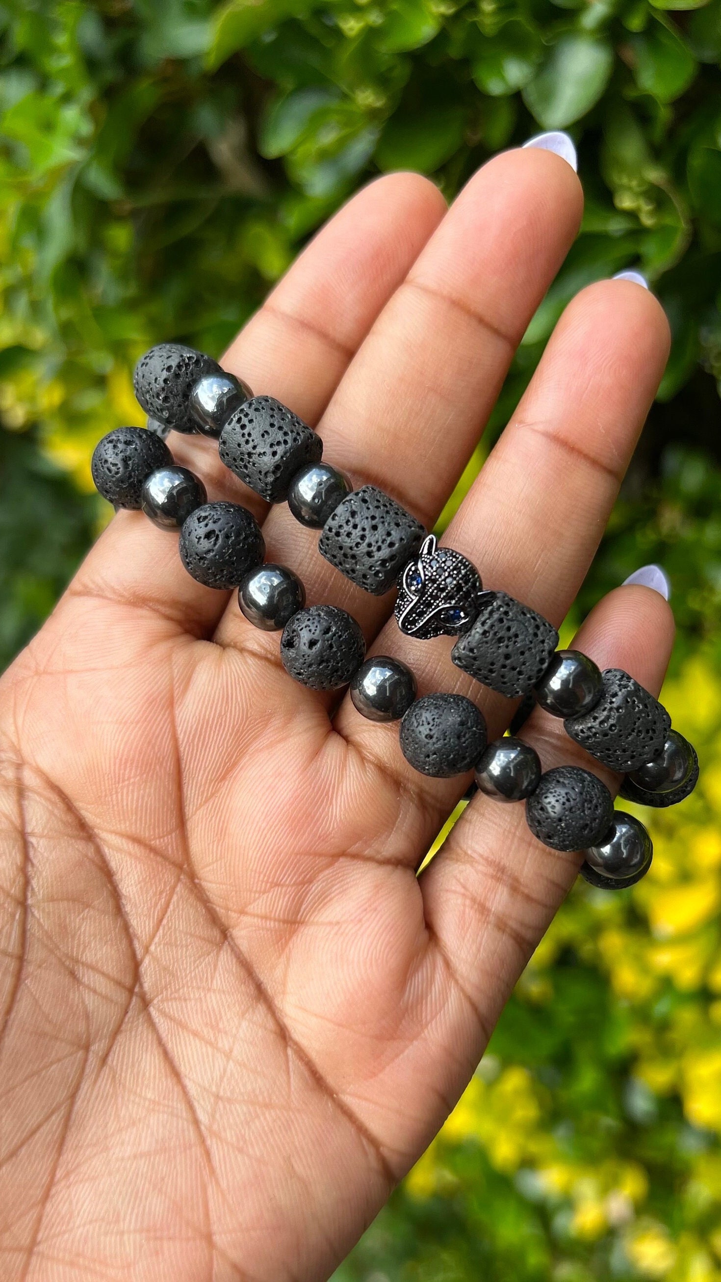 Leopard Head Lava Bead Bracelet Set: Unisex Elastic Bracelet, boyfriend, Father’s Day gift view 2