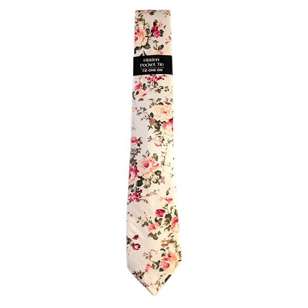 Cream Pink Olive Floral Hidden Pocket Tie