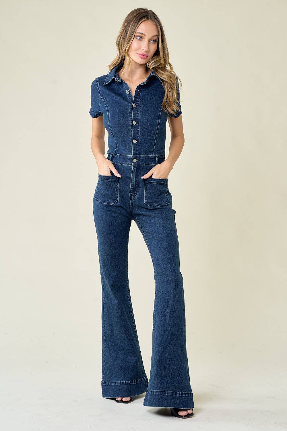 SS23 PREORDER BELLBOTTOM DENIM JUMPSUIT - W4330RIA: L, DARK DENIM
