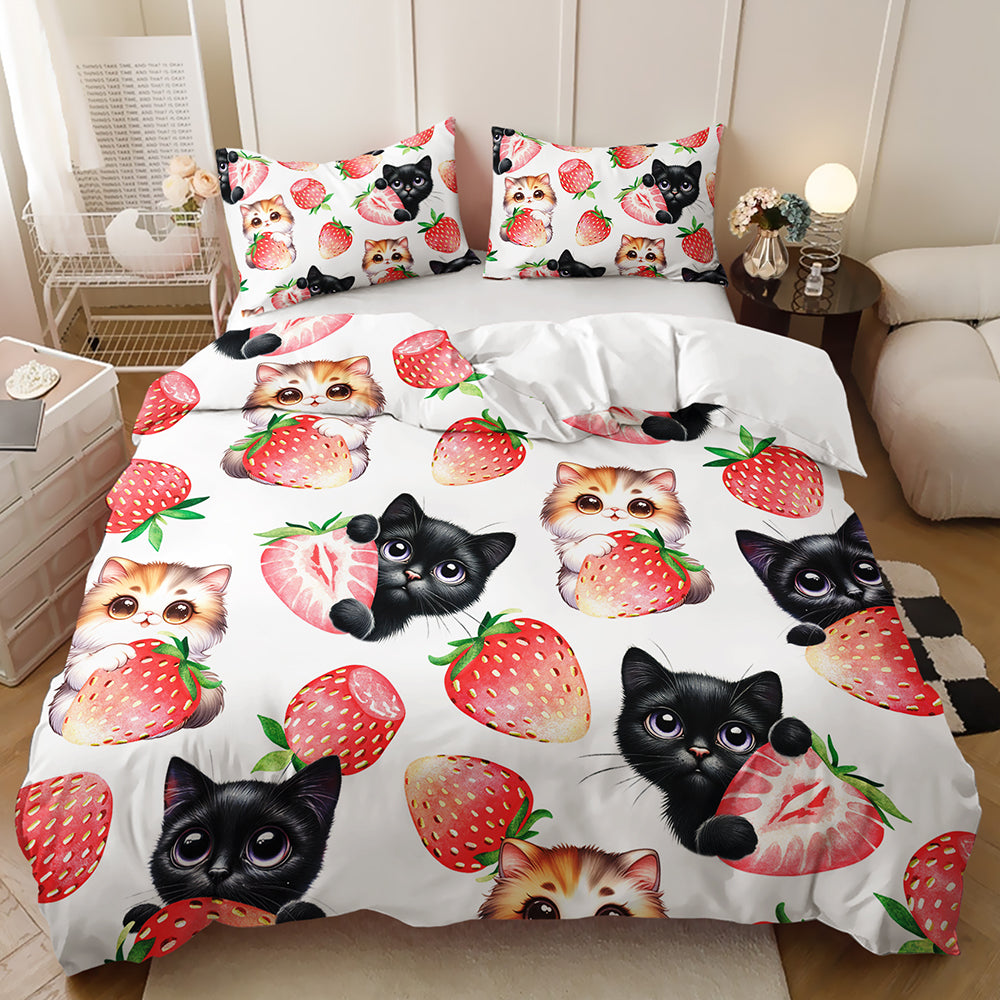 Sweet Strawberry Kitty Dreams Bedding Set
