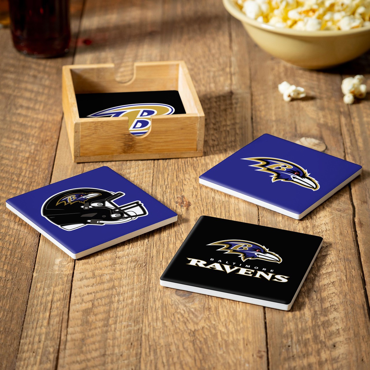 Baltimore Ravens 4 Piece Coaster Set with Wood Caddy