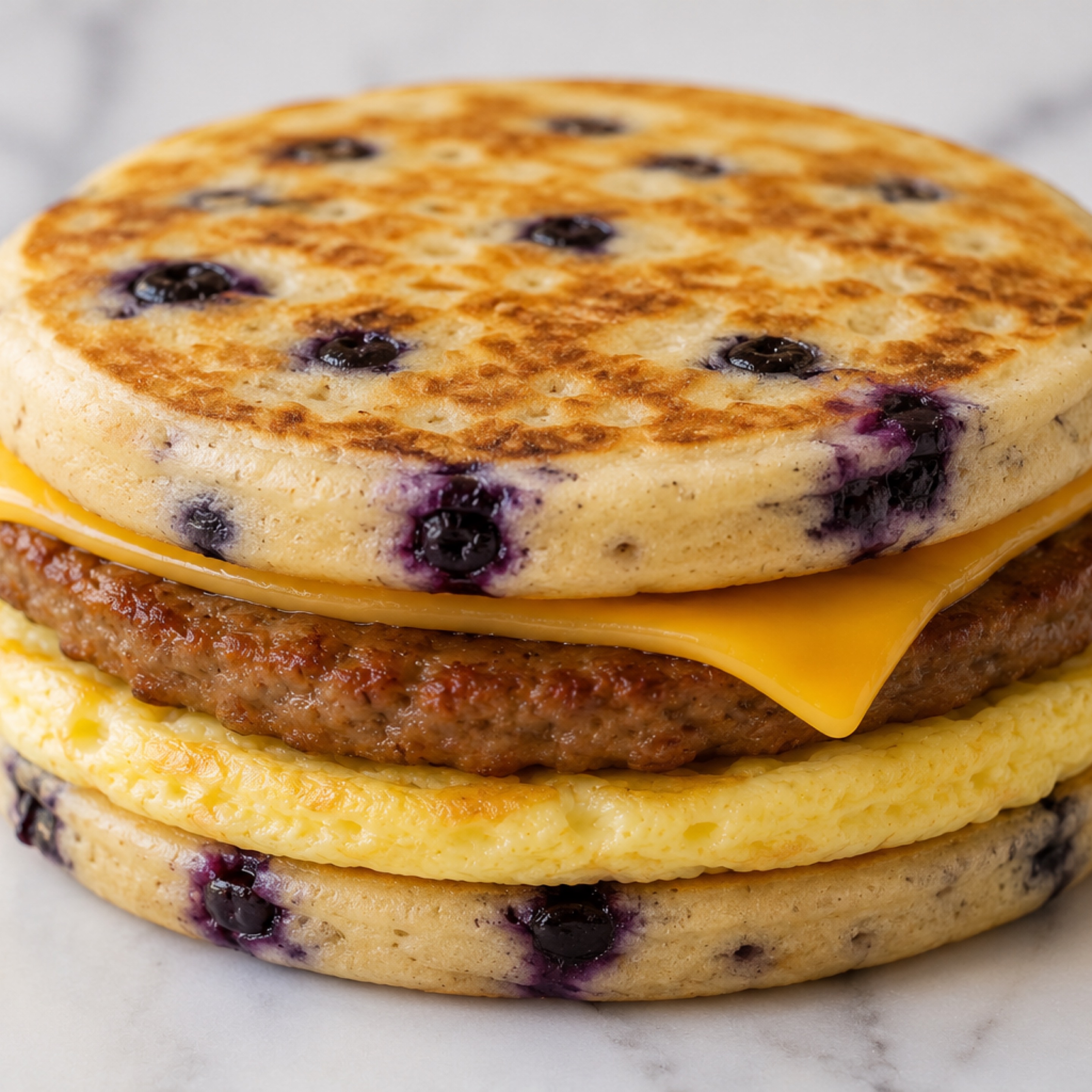 Sausage Egg & Cheese Blueberry Griddle Cake