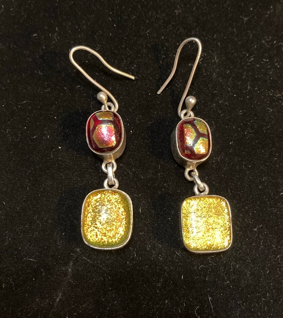 Dichroic Glass Red Yellow Sterling Dangle Earrings
